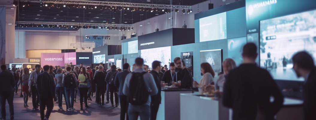 Geschäftiges Treiben auf der Messe mit einem Meer von Ständen und verschwommenen Geschäftsleuten