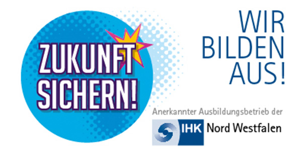 "Blaues Logo mit 'Zukunft sichern!', IHK Nord Westfalen, Slogan 'Wir bilden aus!'."