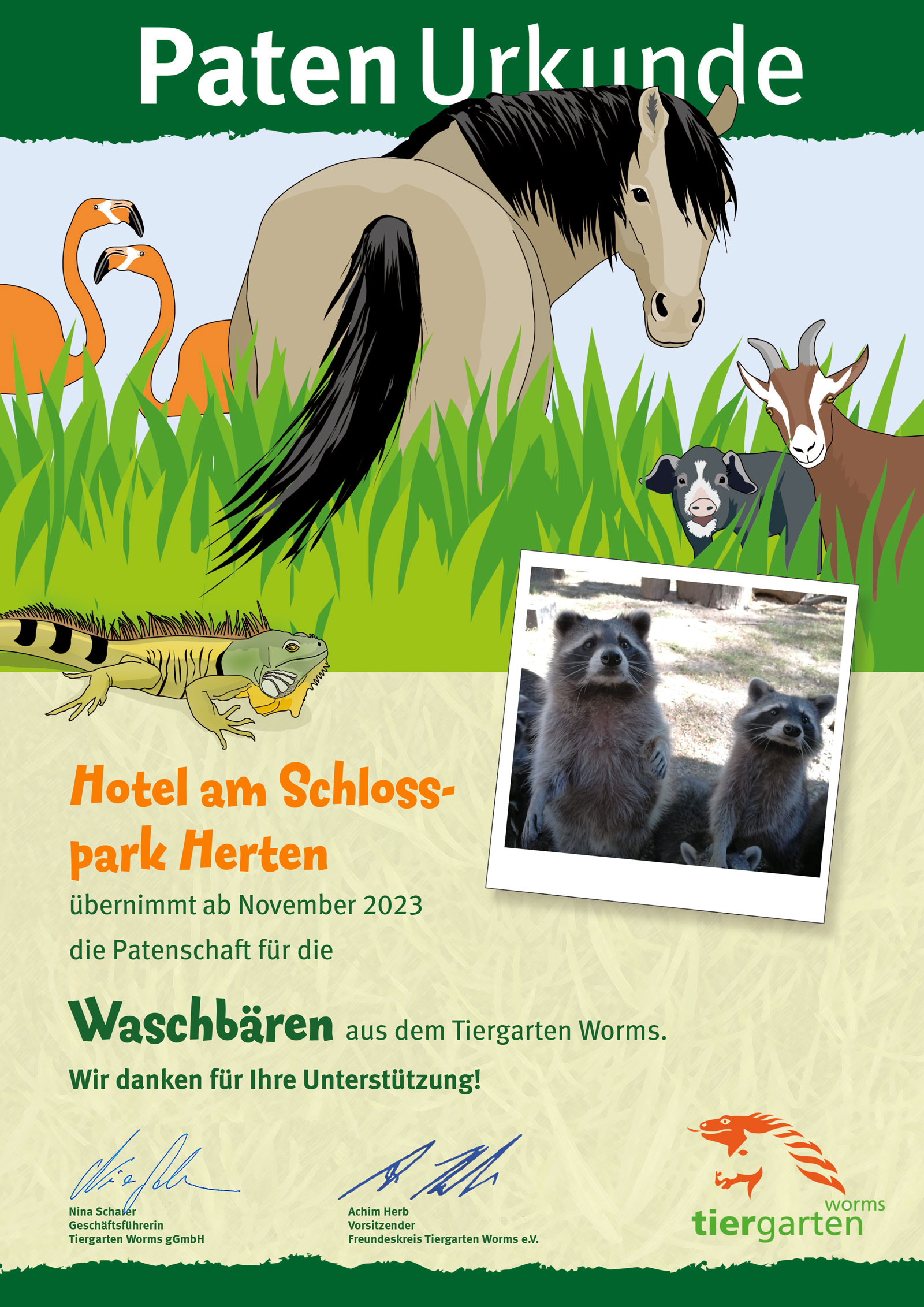 Zwei Waschbären auf Urkunde mit Tieren, Text und Unterschriften, grüne und braune Töne.