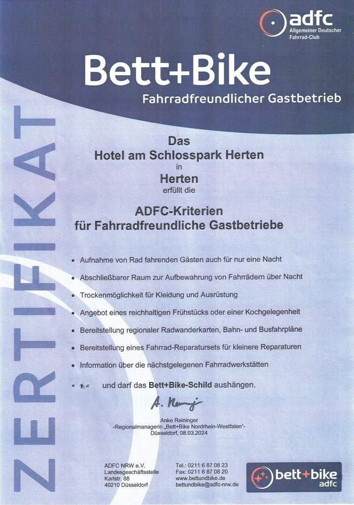 Zertifikat des ADFC für das Hotel am Schlosspark Herten als fahrradfreundlicher Gastbetrieb.
