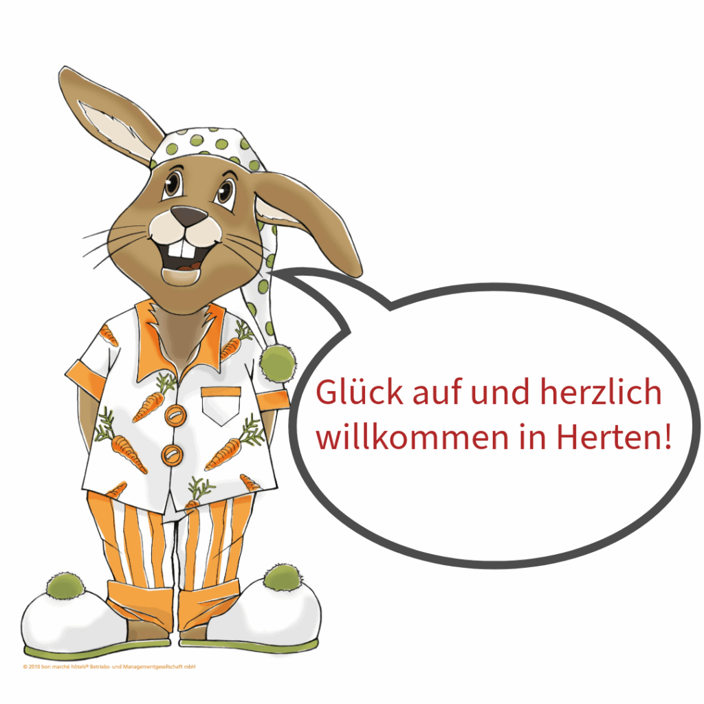 Anthropomorpher Hase in Karotten-Pyjama mit Schlafmütze lächelt, Sprechblase mit Willkommensgruß.