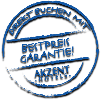 Direkt buchen Siegel in Blau mit "BESTPREIS GARANTIE!" und "AKZENT HOTELS".