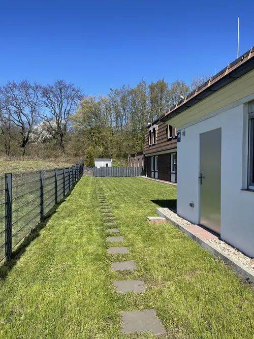 Gruene Wiese mit Steinpfad neben weissem Haus und Zaun bei blauem Himmel